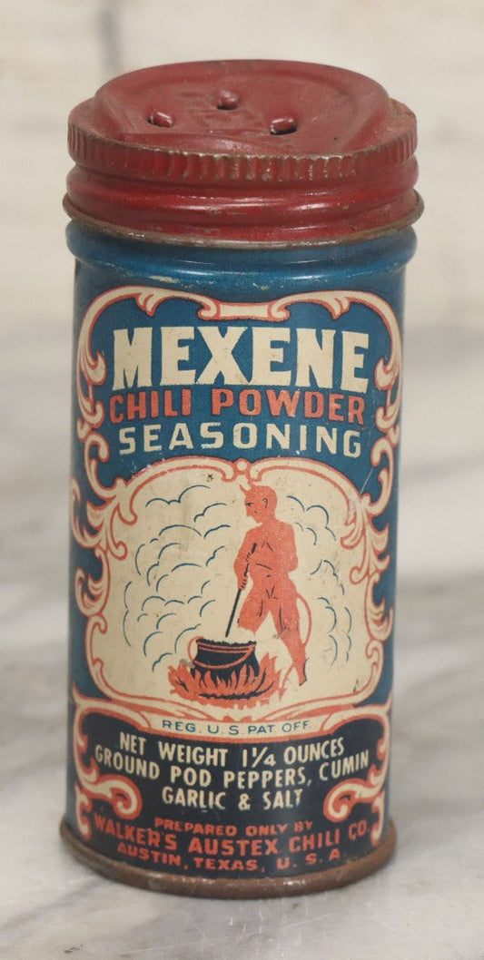 Lot 099 - Vintage Lithographed Tin With Devil Graphics For Mexene Chili Powder Seasoning, 1-1/4" Ounces Size, Prepared By Walker's Austex Chili Co., Austin, Texas