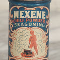 Lot 099 - Vintage Lithographed Tin With Devil Graphics For Mexene Chili Powder Seasoning, 1-1/4" Ounces Size, Prepared By Walker's Austex Chili Co., Austin, Texas