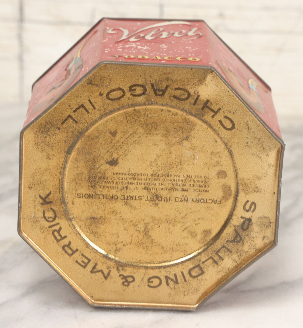 Lot 101 - Vintage Lithographed Octogonal Advertising Tin For Velvet Tobacco, With Original Lid, Pipe Graphics, Manufactured By Spaulding & Merrick, Chicago, Illinois