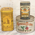 Lot 102 - Grouping Of Three Vintage Lithographed Advertising Tins Including Monarch Tea, Clover Farm Coffee, And Franklin's Famous Java Coffee