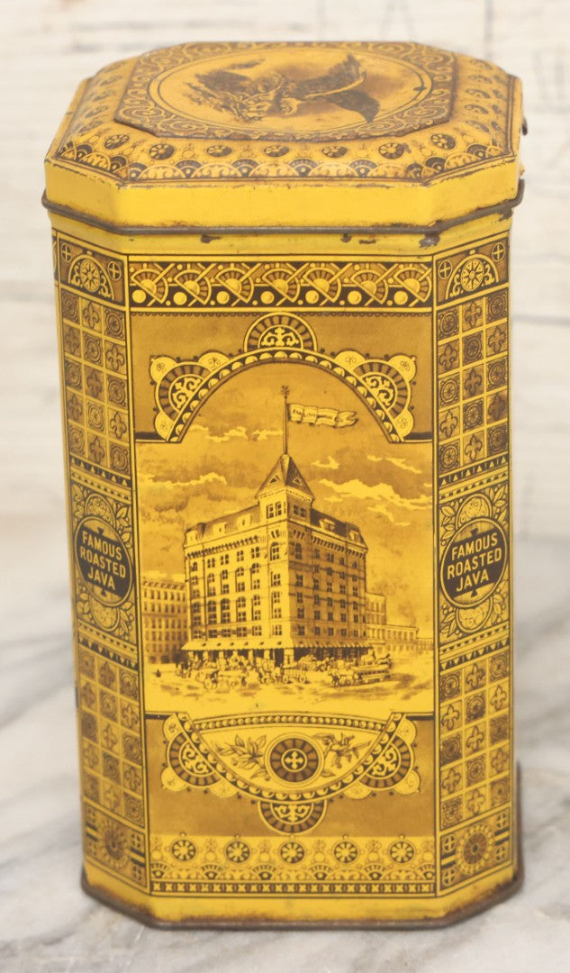 Lot 102 - Grouping Of Three Vintage Lithographed Advertising Tins Including Monarch Tea, Clover Farm Coffee, And Franklin's Famous Java Coffee