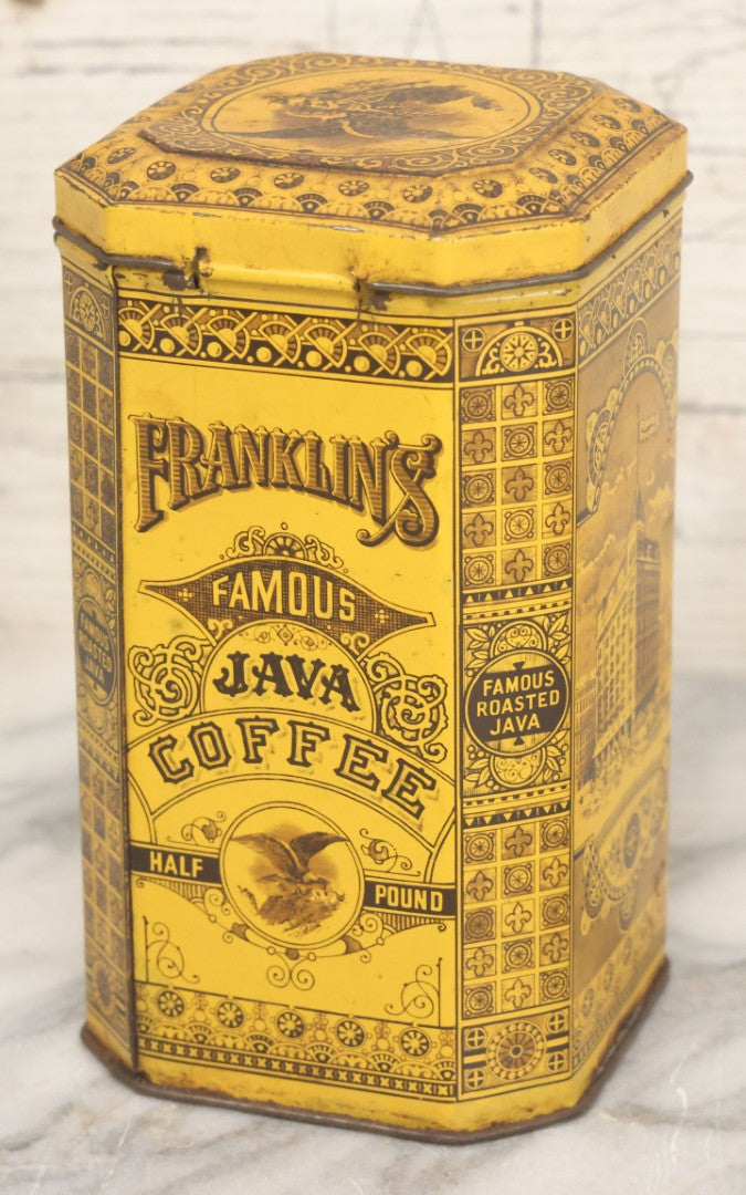 Lot 102 - Grouping Of Three Vintage Lithographed Advertising Tins Including Monarch Tea, Clover Farm Coffee, And Franklin's Famous Java Coffee