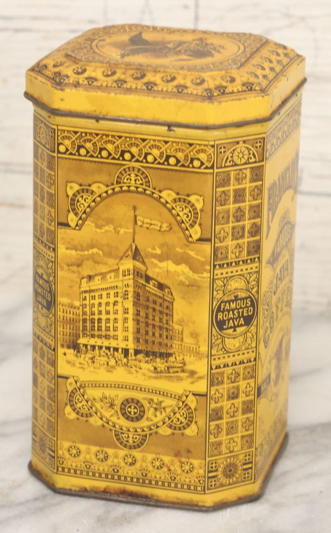 Lot 102 - Grouping Of Three Vintage Lithographed Advertising Tins Including Monarch Tea, Clover Farm Coffee, And Franklin's Famous Java Coffee
