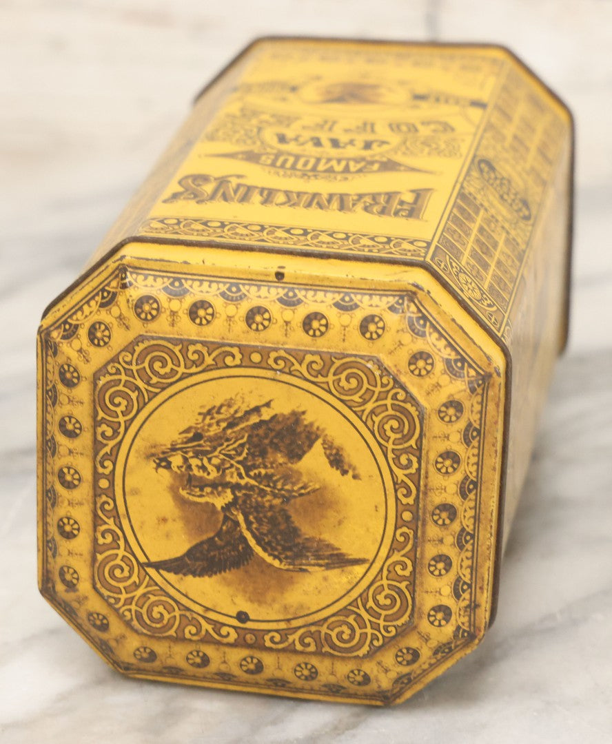 Lot 102 - Grouping Of Three Vintage Lithographed Advertising Tins Including Monarch Tea, Clover Farm Coffee, And Franklin's Famous Java Coffee