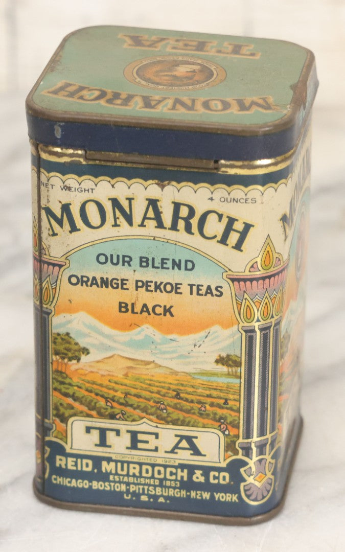 Lot 102 - Grouping Of Three Vintage Lithographed Advertising Tins Including Monarch Tea, Clover Farm Coffee, And Franklin's Famous Java Coffee