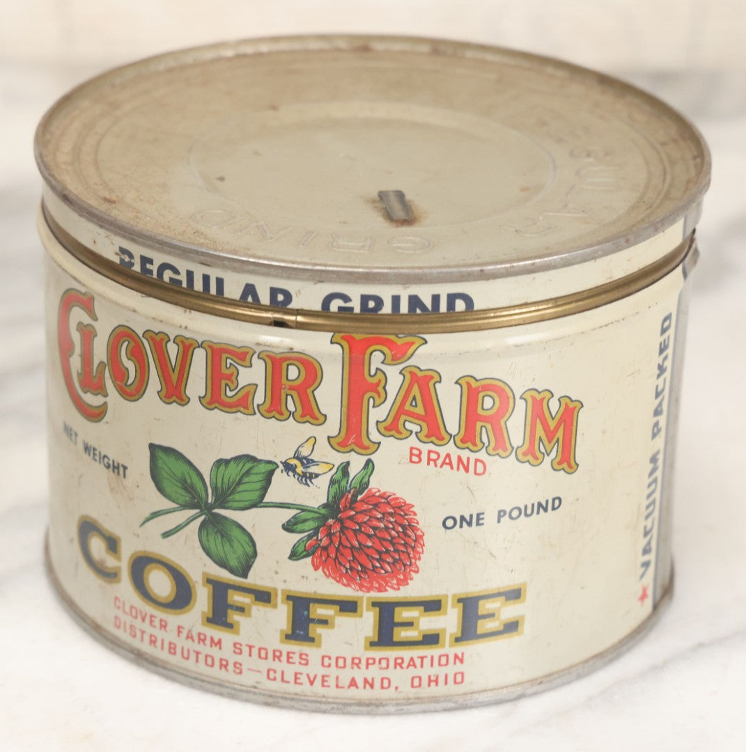 Lot 102 - Grouping Of Three Vintage Lithographed Advertising Tins Including Monarch Tea, Clover Farm Coffee, And Franklin's Famous Java Coffee