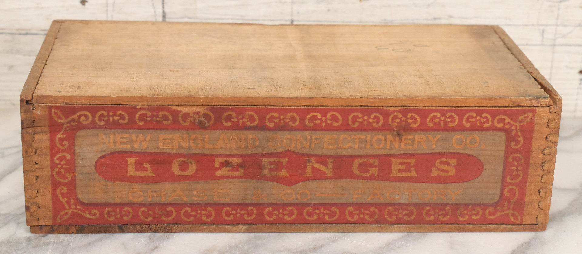 Lot 106 - Antique Wooden Candy Box For New England Confectionery Co. Lozenges, Manufactured At Chase & Co., Factory, With Label Printed On Crate, Slide Out Lid