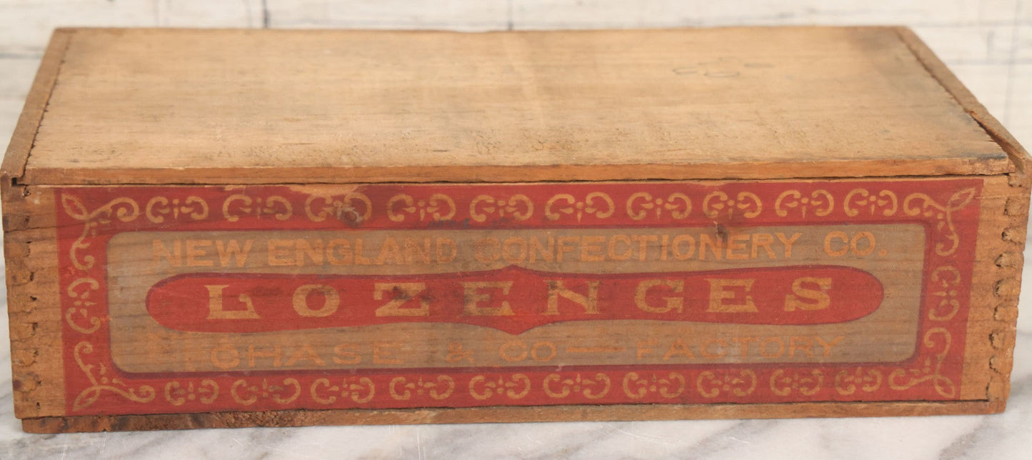 Lot 106 - Antique Wooden Candy Box For New England Confectionery Co. Lozenges, Manufactured At Chase & Co., Factory, With Label Printed On Crate, Slide Out Lid