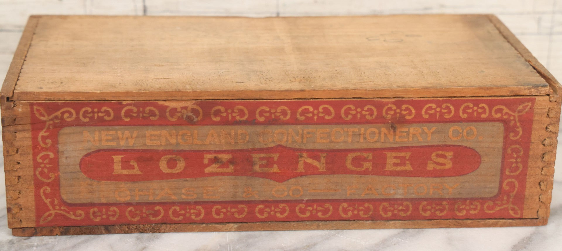 Lot 106 - Antique Wooden Candy Box For New England Confectionery Co. Lozenges, Manufactured At Chase & Co., Factory, With Label Printed On Crate, Slide Out Lid