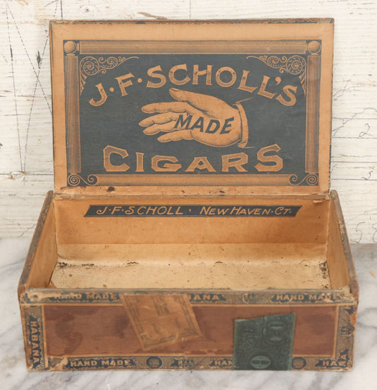 Lot 108 - Antique Wooden Cigar Box For J.F. Scholl's "Hand-Made" Cigars, New Haven, Connecticut, With Lithographed Interior And Exterior Labels With Hand Motif Graphics
