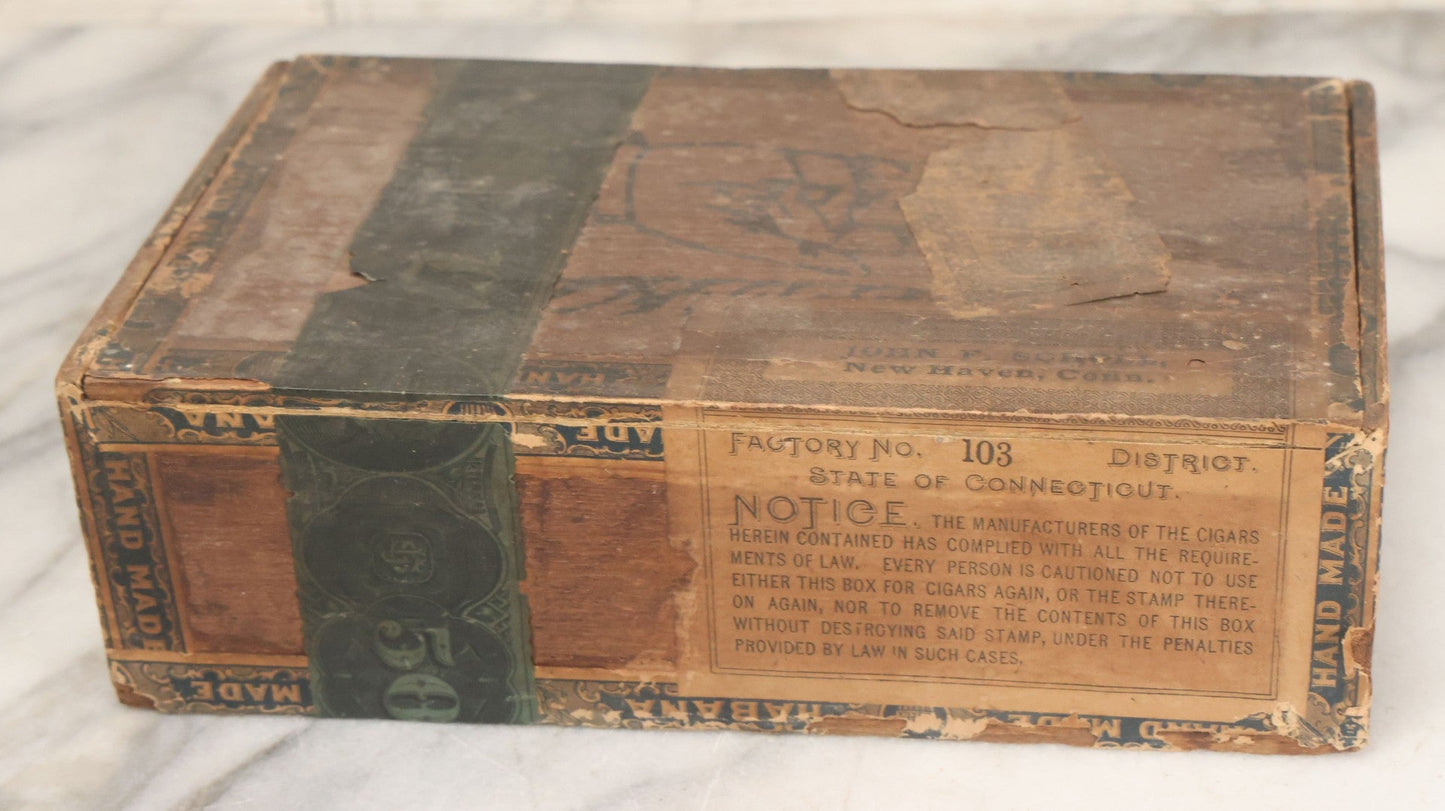 Lot 108 - Antique Wooden Cigar Box For J.F. Scholl's "Hand-Made" Cigars, New Haven, Connecticut, With Lithographed Interior And Exterior Labels With Hand Motif Graphics