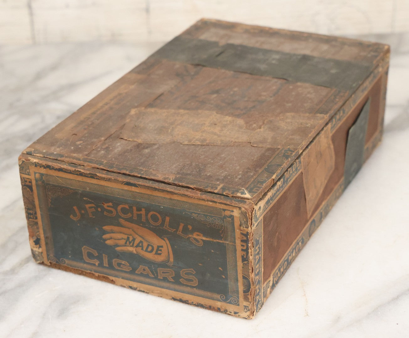 Lot 108 - Antique Wooden Cigar Box For J.F. Scholl's "Hand-Made" Cigars, New Haven, Connecticut, With Lithographed Interior And Exterior Labels With Hand Motif Graphics