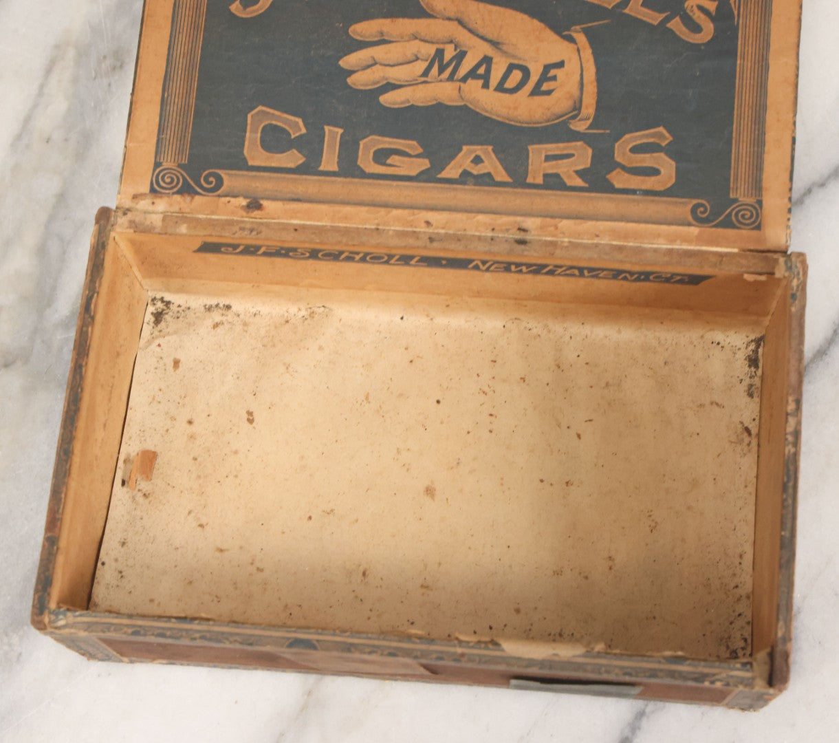 Lot 108 - Antique Wooden Cigar Box For J.F. Scholl's "Hand-Made" Cigars, New Haven, Connecticut, With Lithographed Interior And Exterior Labels With Hand Motif Graphics