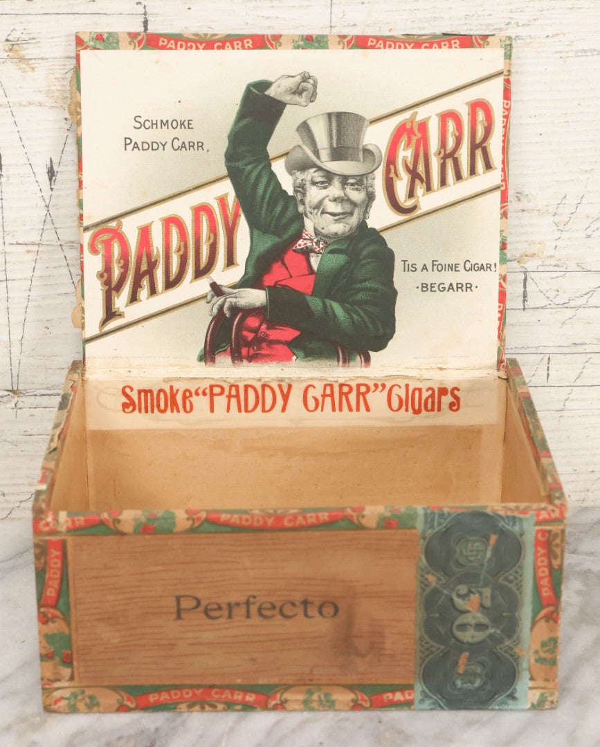 Lot 109 - Antique Wooden Cigar Box For "Paddy Carr" Cigars, With Lithographed Interior And Exterior Labels With Irish Caricature Graphics, Label By Central Litho Co., Cleveland, Ohio