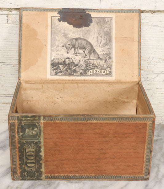 Lot 110 - Antique Wooden Cigar Box For "Lookout" Cigars, Sold By C.W. Wilder, Boston, Massachusetts, With Lithographed Interior And Exterior Labels With Fox Graphics, Label Dated 1873, By F. Heppenheimer