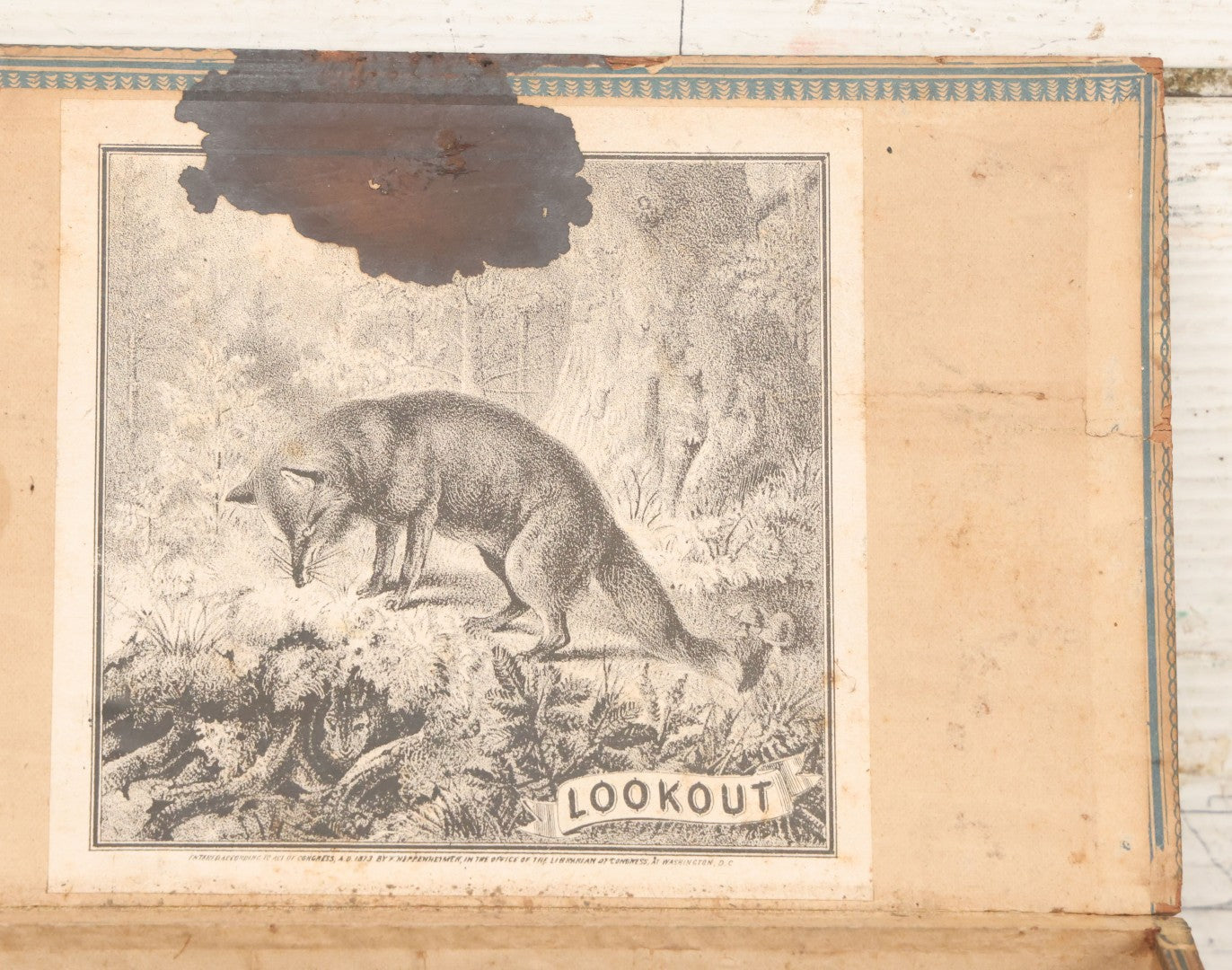 Lot 110 - Antique Wooden Cigar Box For "Lookout" Cigars, Sold By C.W. Wilder, Boston, Massachusetts, With Lithographed Interior And Exterior Labels With Fox Graphics, Label Dated 1873, By F. Heppenheimer