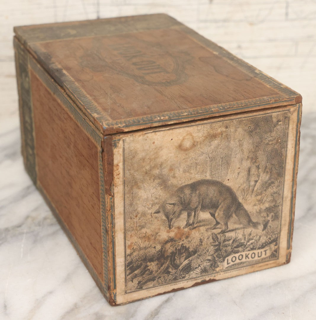 Lot 110 - Antique Wooden Cigar Box For "Lookout" Cigars, Sold By C.W. Wilder, Boston, Massachusetts, With Lithographed Interior And Exterior Labels With Fox Graphics, Label Dated 1873, By F. Heppenheimer