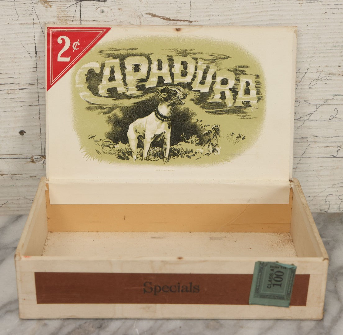Lot 111 - Antique Wooden Cigar Box For "Capadura" Cigars, With Lithographed Interior And Exterior Labels With Jack Russell Terrier Dog Graphics