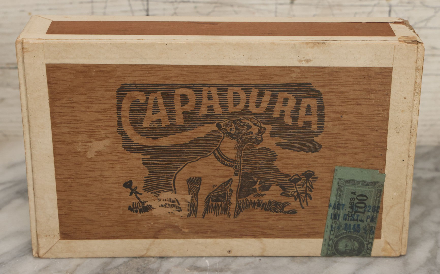 Lot 111 - Antique Wooden Cigar Box For "Capadura" Cigars, With Lithographed Interior And Exterior Labels With Jack Russell Terrier Dog Graphics
