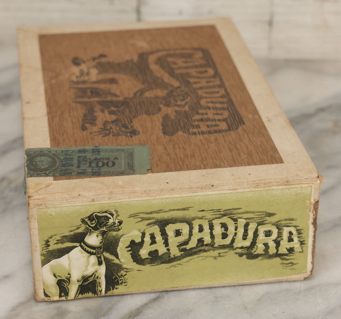 Lot 111 - Antique Wooden Cigar Box For "Capadura" Cigars, With Lithographed Interior And Exterior Labels With Jack Russell Terrier Dog Graphics