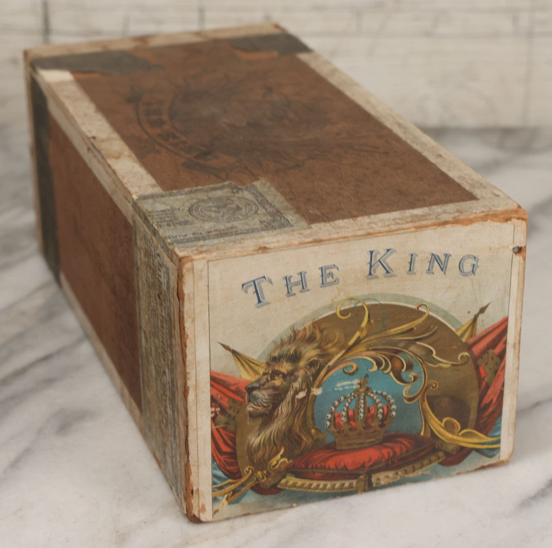 Lot 112 - Antique Wooden Cigar Box For "The King" Cigars, With Lithographed Interior And Exterior Labels With Lion And Crown Graphics, Lithographed By F. Heppenheimer's Sons, New York