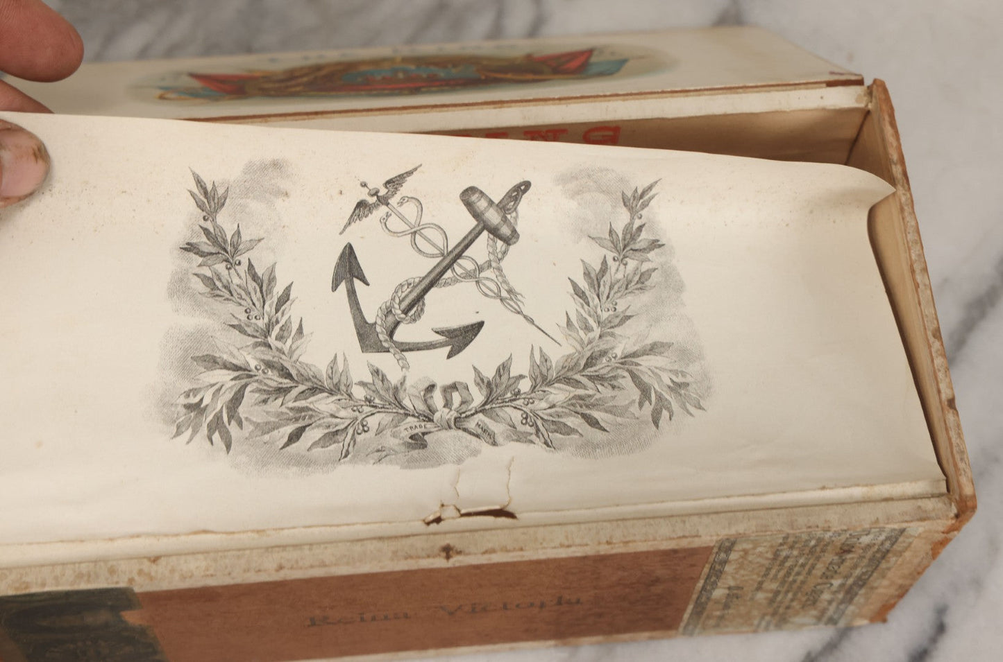 Lot 112 - Antique Wooden Cigar Box For "The King" Cigars, With Lithographed Interior And Exterior Labels With Lion And Crown Graphics, Lithographed By F. Heppenheimer's Sons, New York