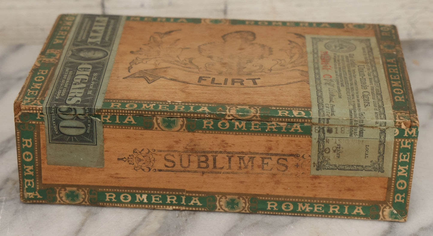 Lot 113 - Antique Wooden Cigar Box For "Flirt" Cigars, With Lithographed Interior And Exterior Labels With Extravagantly Dressed Exotic Woman Graphics, Lithographed By L.E. Neuman & Co., New York