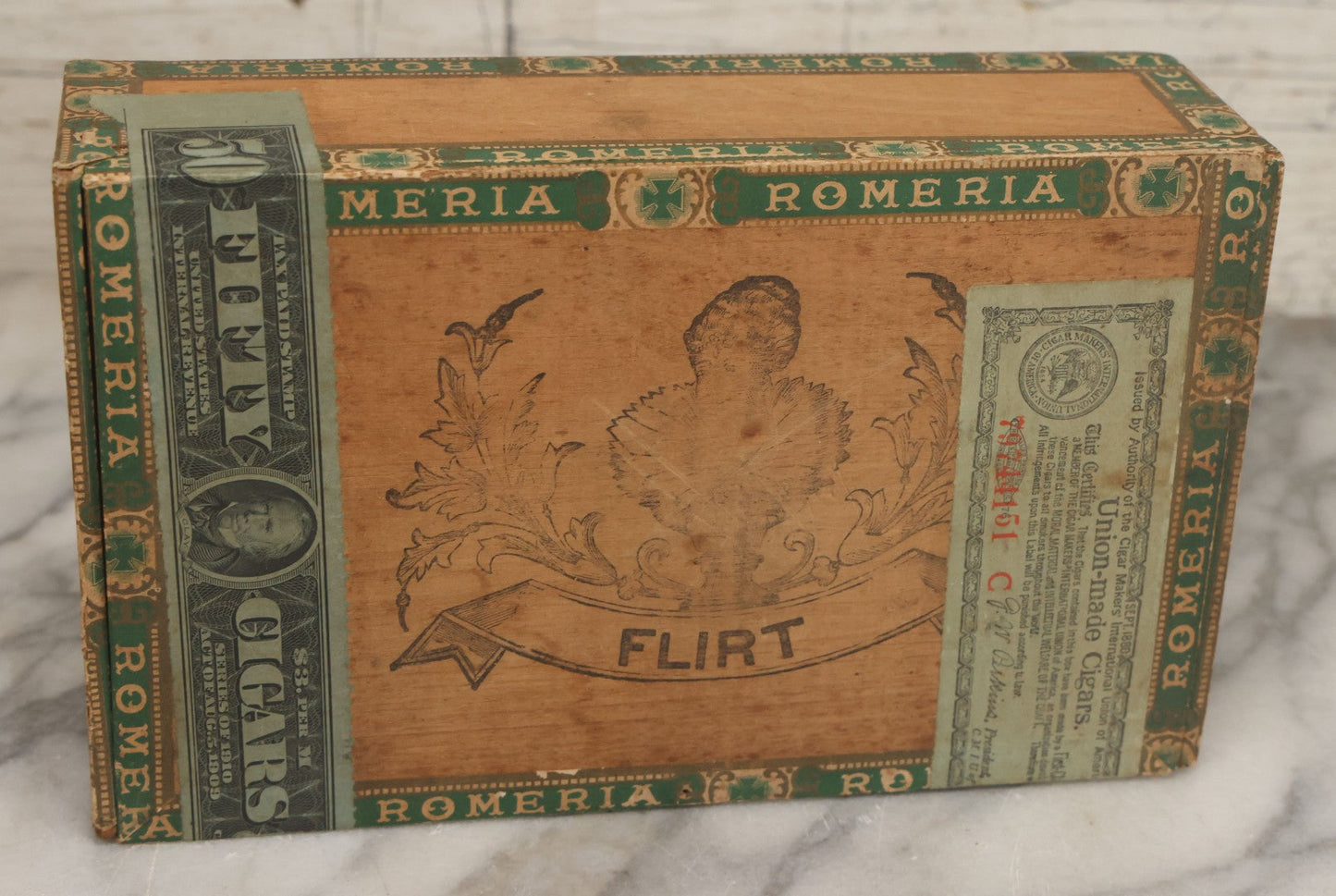 Lot 113 - Antique Wooden Cigar Box For "Flirt" Cigars, With Lithographed Interior And Exterior Labels With Extravagantly Dressed Exotic Woman Graphics, Lithographed By L.E. Neuman & Co., New York