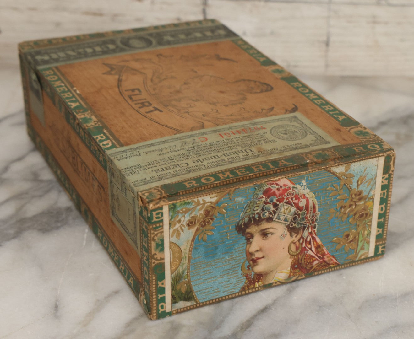 Lot 113 - Antique Wooden Cigar Box For "Flirt" Cigars, With Lithographed Interior And Exterior Labels With Extravagantly Dressed Exotic Woman Graphics, Lithographed By L.E. Neuman & Co., New York