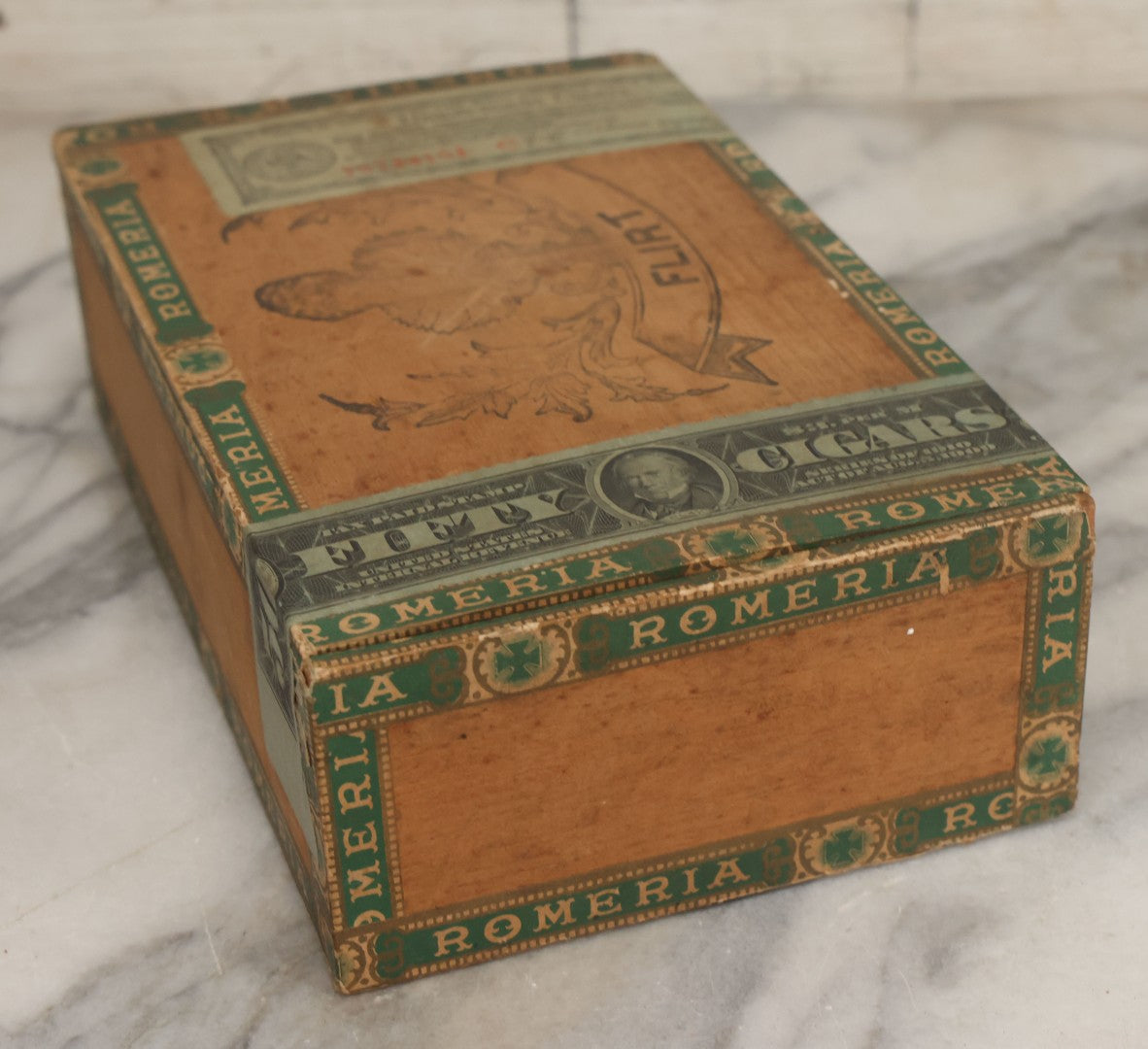 Lot 113 - Antique Wooden Cigar Box For "Flirt" Cigars, With Lithographed Interior And Exterior Labels With Extravagantly Dressed Exotic Woman Graphics, Lithographed By L.E. Neuman & Co., New York