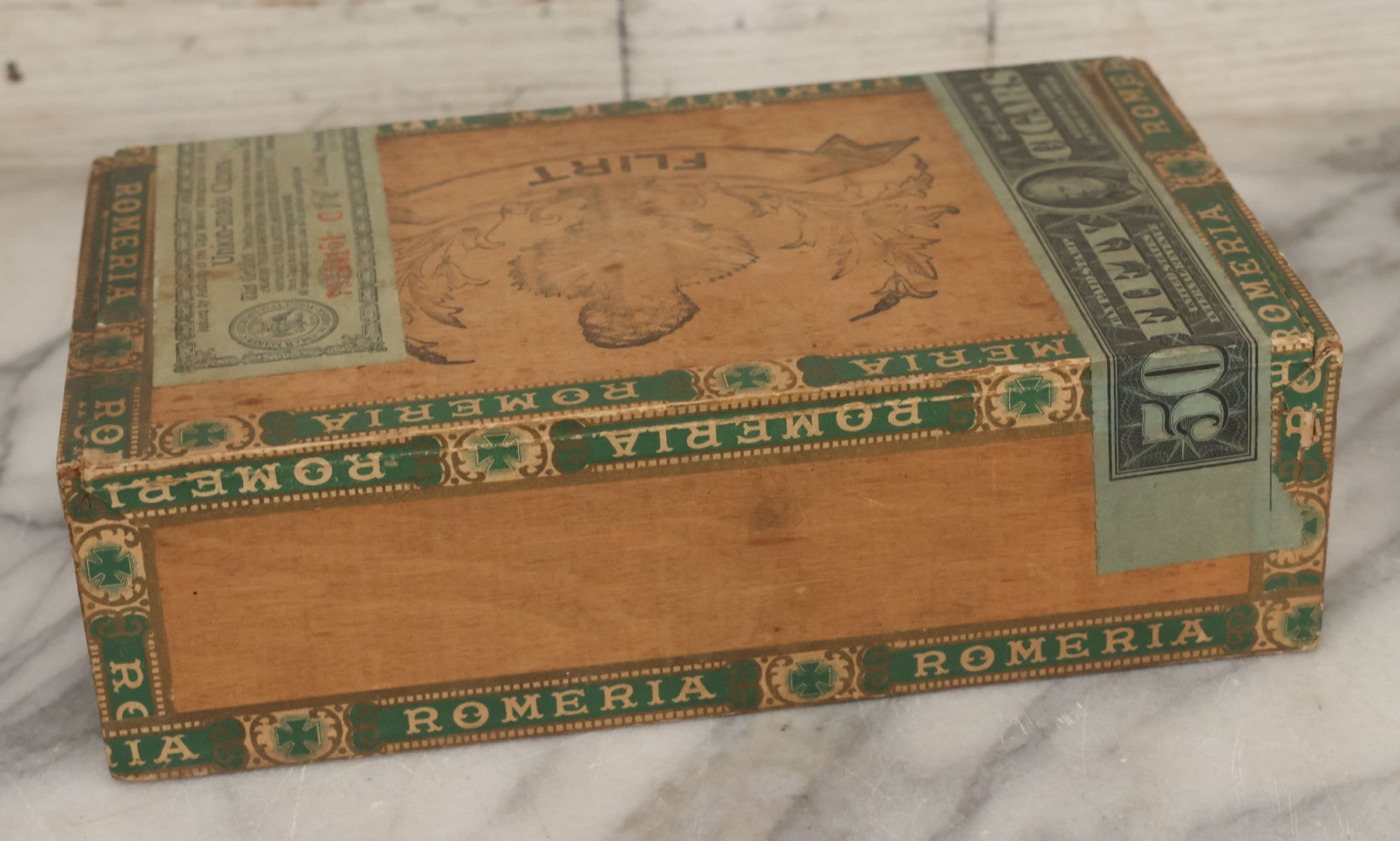 Lot 113 - Antique Wooden Cigar Box For "Flirt" Cigars, With Lithographed Interior And Exterior Labels With Extravagantly Dressed Exotic Woman Graphics, Lithographed By L.E. Neuman & Co., New York