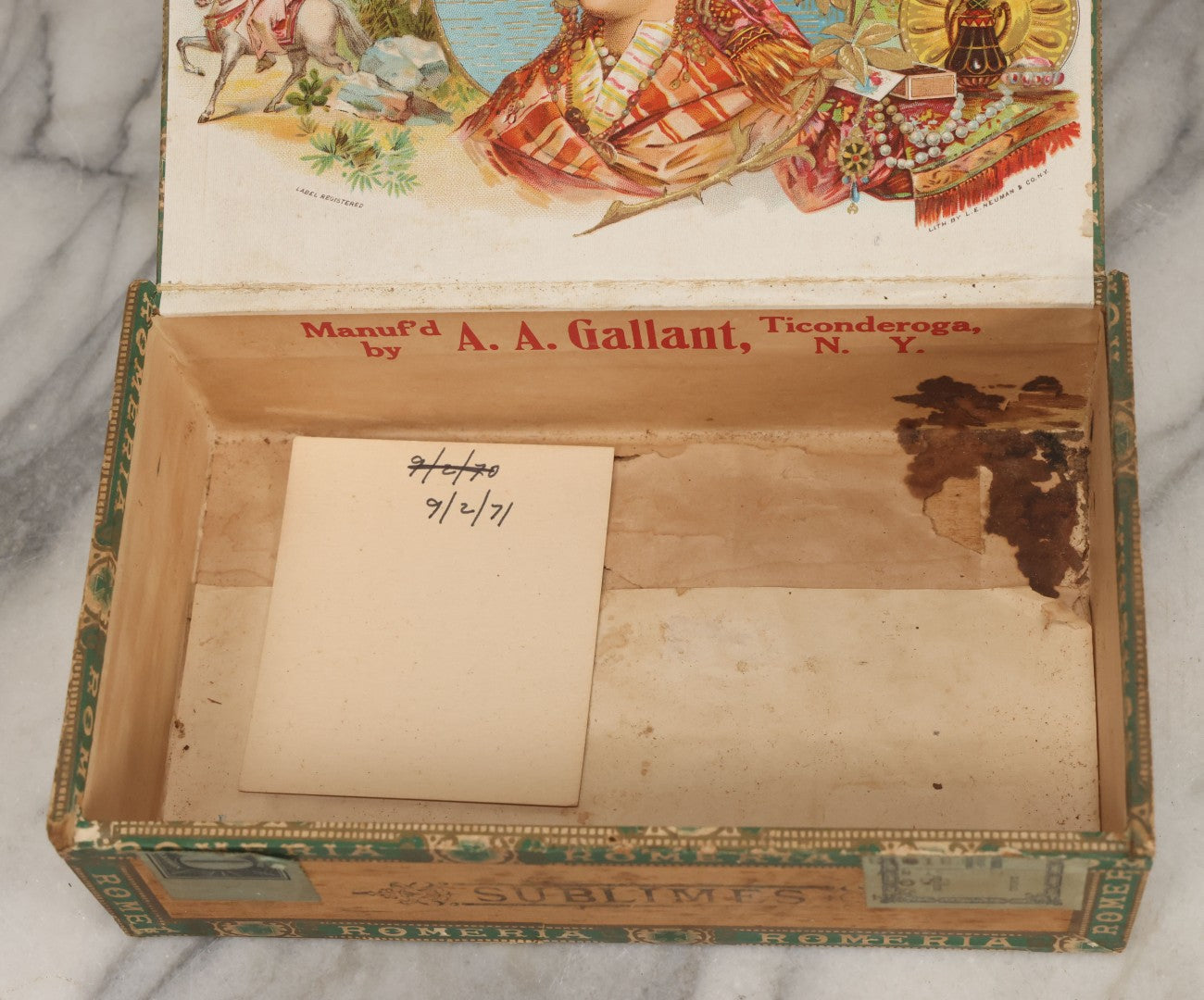 Lot 113 - Antique Wooden Cigar Box For "Flirt" Cigars, With Lithographed Interior And Exterior Labels With Extravagantly Dressed Exotic Woman Graphics, Lithographed By L.E. Neuman & Co., New York