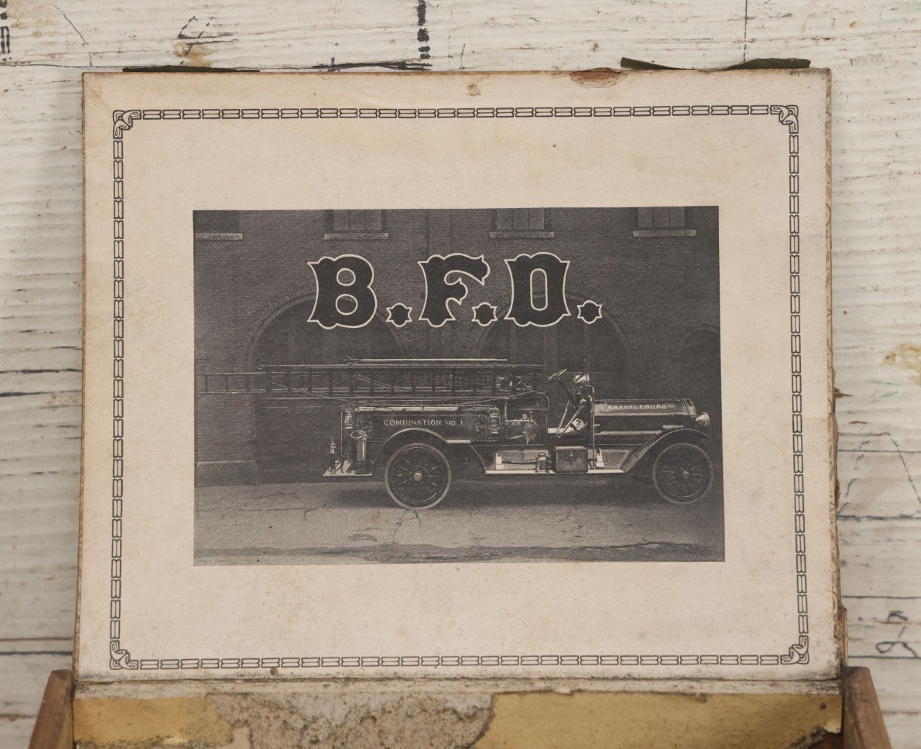 Lot 114 - Antique Wooden Cigar Box For "B.F.D." Cigars, Sold By Wilfred F. Root, Pharmacist, Brattleboro, Vermont, With Lithographed Interior And Exterior Labels With Brattleboro Combination No. 1 Fire Engine Graphics