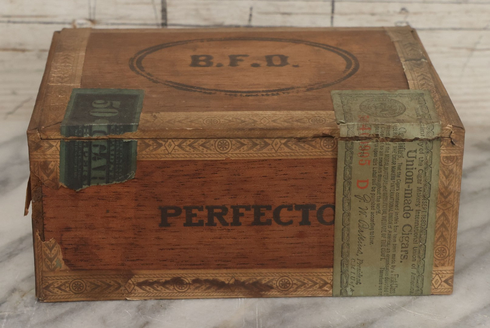 Lot 114 - Antique Wooden Cigar Box For "B.F.D." Cigars, Sold By Wilfred F. Root, Pharmacist, Brattleboro, Vermont, With Lithographed Interior And Exterior Labels With Brattleboro Combination No. 1 Fire Engine Graphics