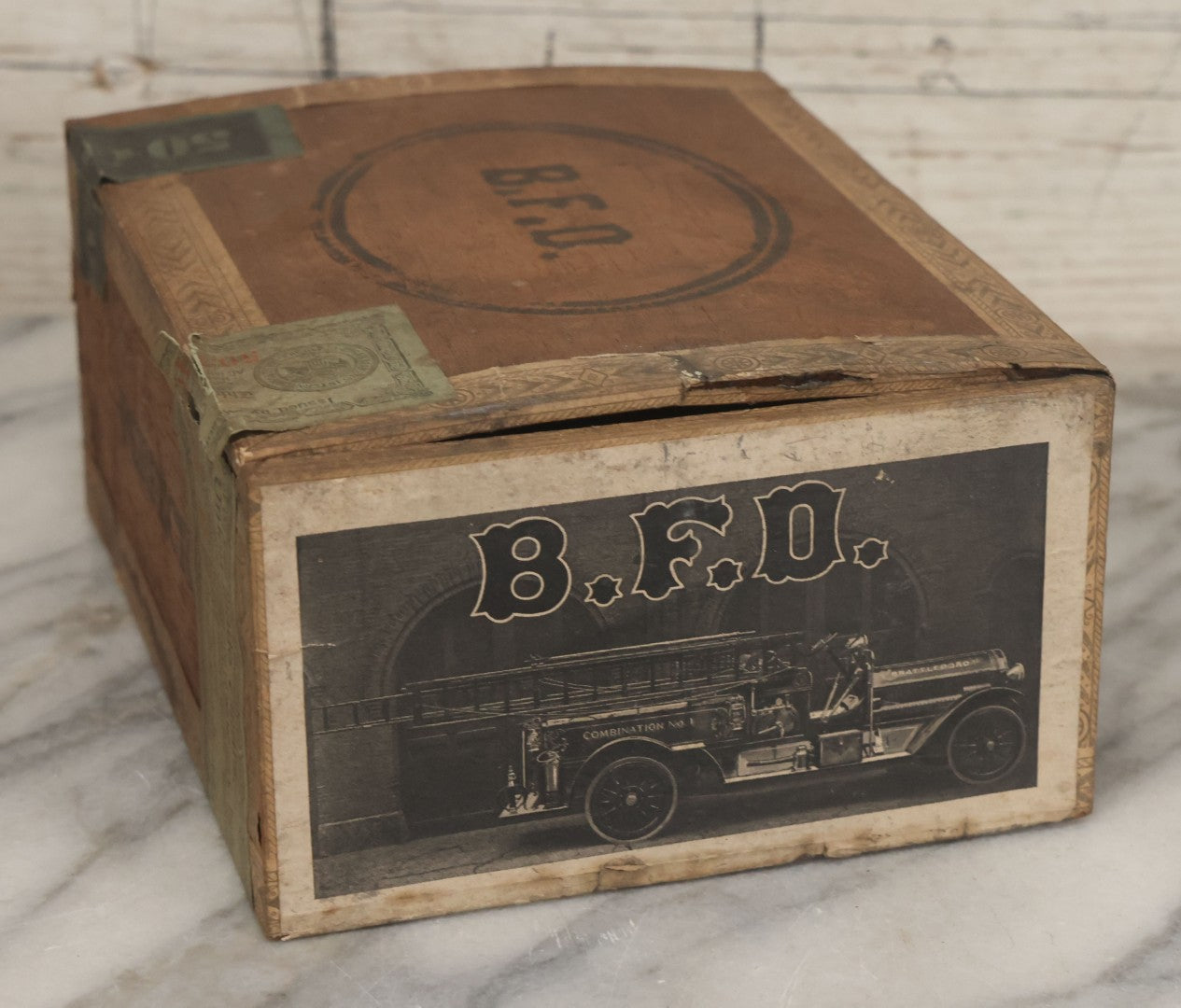 Lot 114 - Antique Wooden Cigar Box For "B.F.D." Cigars, Sold By Wilfred F. Root, Pharmacist, Brattleboro, Vermont, With Lithographed Interior And Exterior Labels With Brattleboro Combination No. 1 Fire Engine Graphics