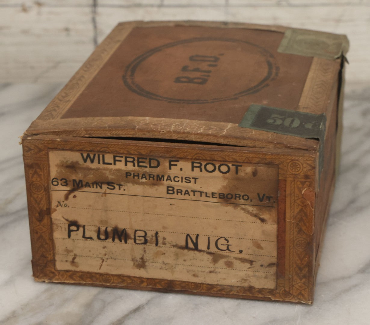 Lot 114 - Antique Wooden Cigar Box For "B.F.D." Cigars, Sold By Wilfred F. Root, Pharmacist, Brattleboro, Vermont, With Lithographed Interior And Exterior Labels With Brattleboro Combination No. 1 Fire Engine Graphics