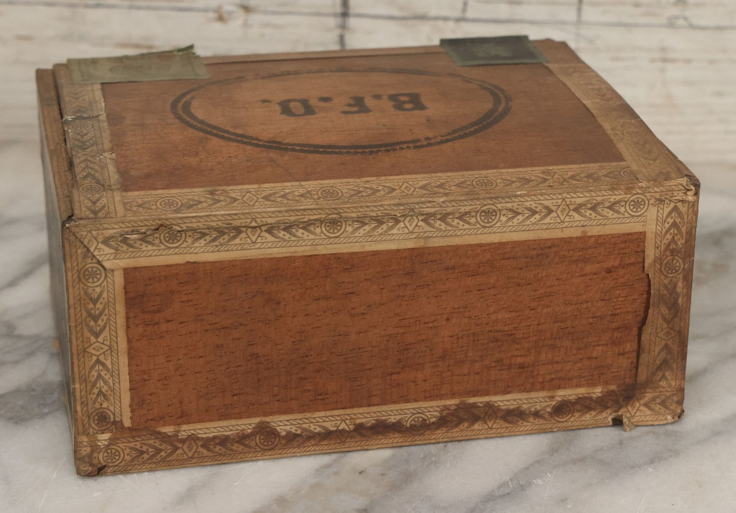 Lot 114 - Antique Wooden Cigar Box For "B.F.D." Cigars, Sold By Wilfred F. Root, Pharmacist, Brattleboro, Vermont, With Lithographed Interior And Exterior Labels With Brattleboro Combination No. 1 Fire Engine Graphics
