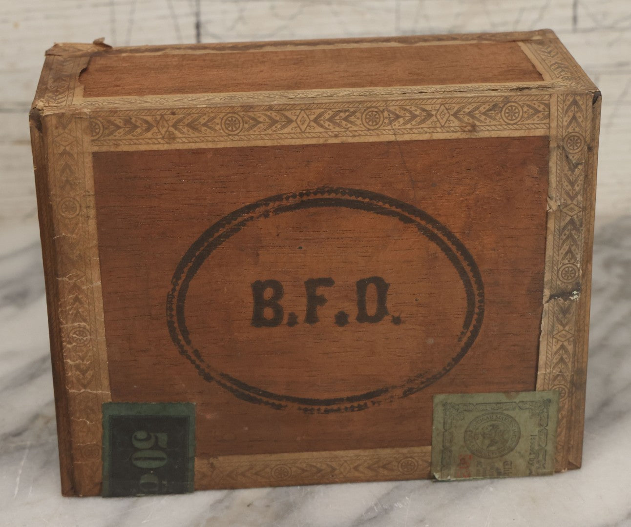 Lot 114 - Antique Wooden Cigar Box For "B.F.D." Cigars, Sold By Wilfred F. Root, Pharmacist, Brattleboro, Vermont, With Lithographed Interior And Exterior Labels With Brattleboro Combination No. 1 Fire Engine Graphics