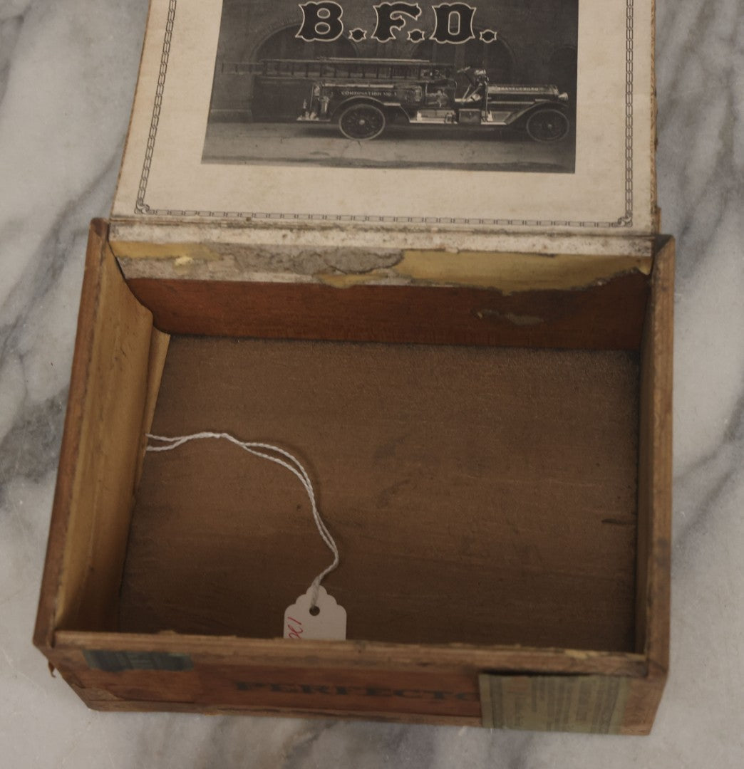 Lot 114 - Antique Wooden Cigar Box For "B.F.D." Cigars, Sold By Wilfred F. Root, Pharmacist, Brattleboro, Vermont, With Lithographed Interior And Exterior Labels With Brattleboro Combination No. 1 Fire Engine Graphics