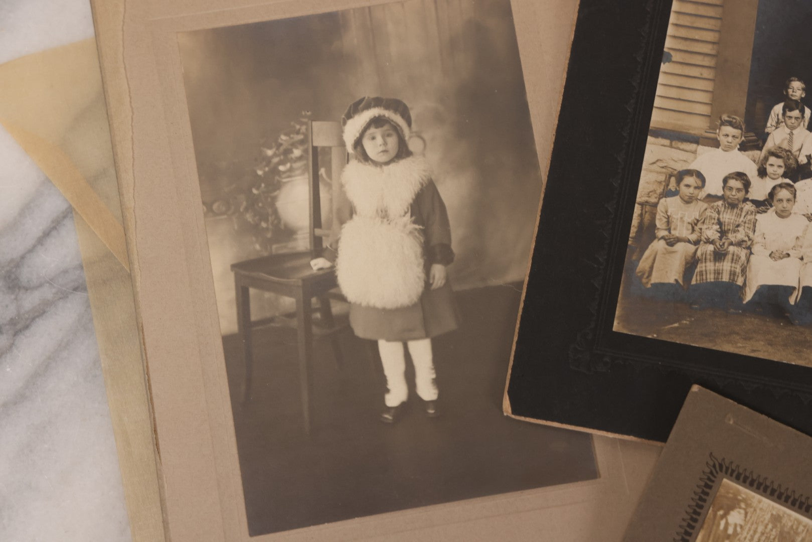 Lot 102 - Grouping Of Four Antique Photographs Including Duplicate Photos Of School Friends, Group School Class Photo, And Little Girl Named Norma May Gallant On Christmas, 1915