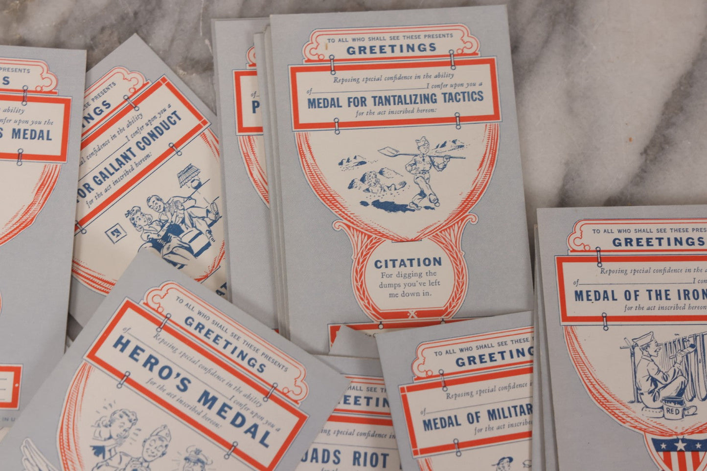 Lot 106 - Grouping Of 32 Vintage World War 2 Comic Military Citation And Medal Postcards, Copyright 1942, By Exhibit Supply Co., Chicago, Illinois