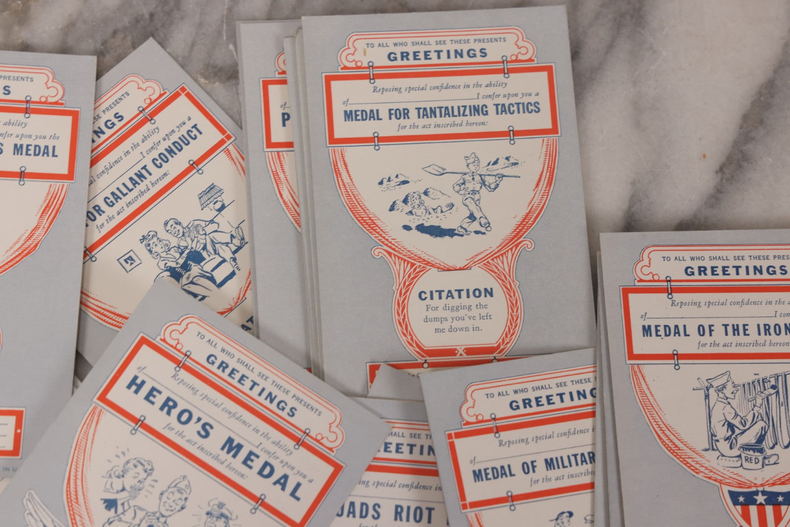 Lot 106 - Grouping Of 32 Vintage World War 2 Comic Military Citation And Medal Postcards, Copyright 1942, By Exhibit Supply Co., Chicago, Illinois