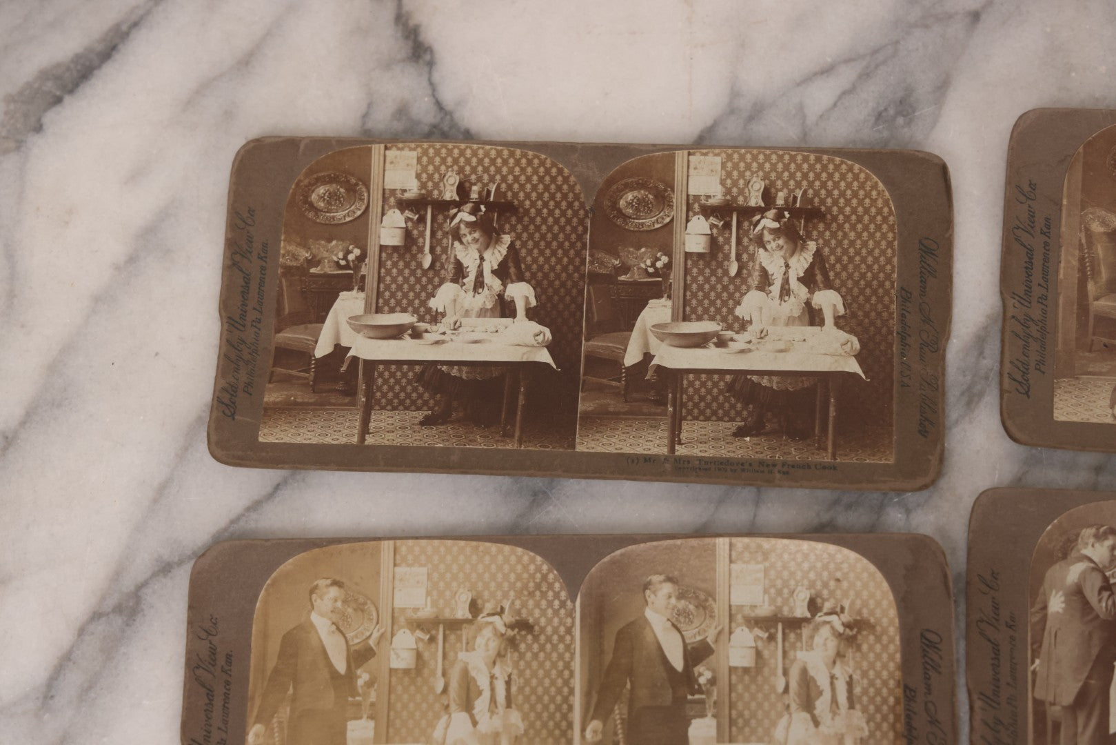 Lot 113 - Antique Grouping Of 11 Sequential Comic Photo Stereocards In Which Mr. Turtledove Is Caught Philandering With His And His Wife's New French Cook, Copyright 1902, By William H. Rau, Sold Only By Universal View Co., Philadelphia, Pennsylvania