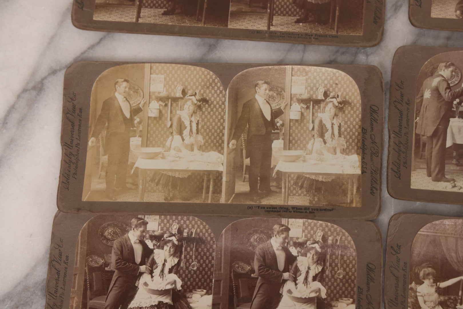 Lot 113 - Antique Grouping Of 11 Sequential Comic Photo Stereocards In Which Mr. Turtledove Is Caught Philandering With His And His Wife's New French Cook, Copyright 1902, By William H. Rau, Sold Only By Universal View Co., Philadelphia, Pennsylvania