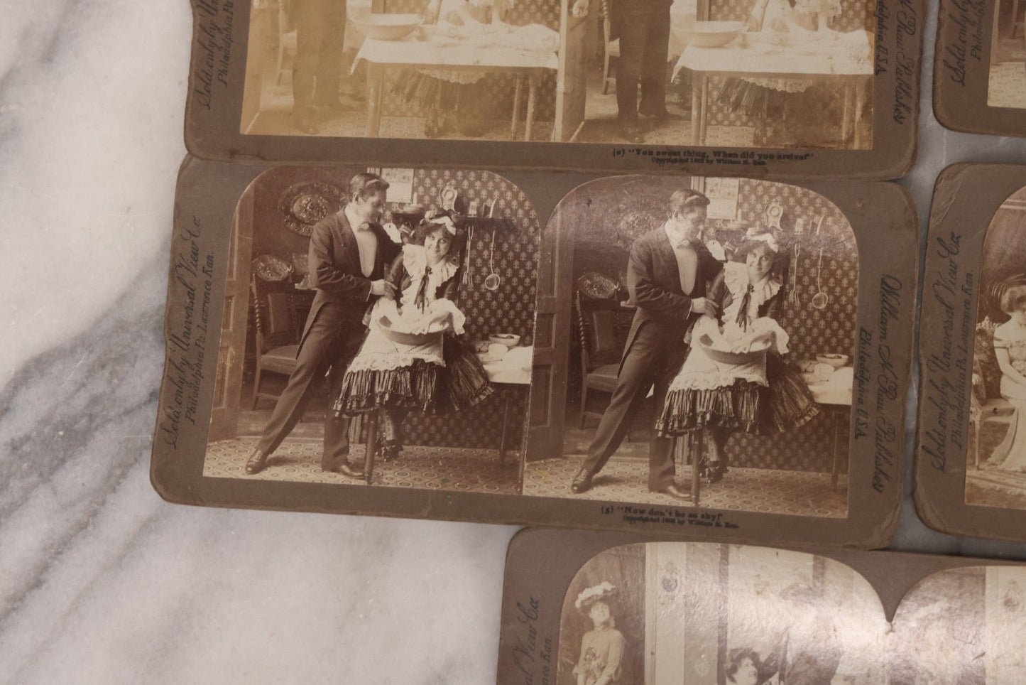 Lot 113 - Antique Grouping Of 11 Sequential Comic Photo Stereocards In Which Mr. Turtledove Is Caught Philandering With His And His Wife's New French Cook, Copyright 1902, By William H. Rau, Sold Only By Universal View Co., Philadelphia, Pennsylvania