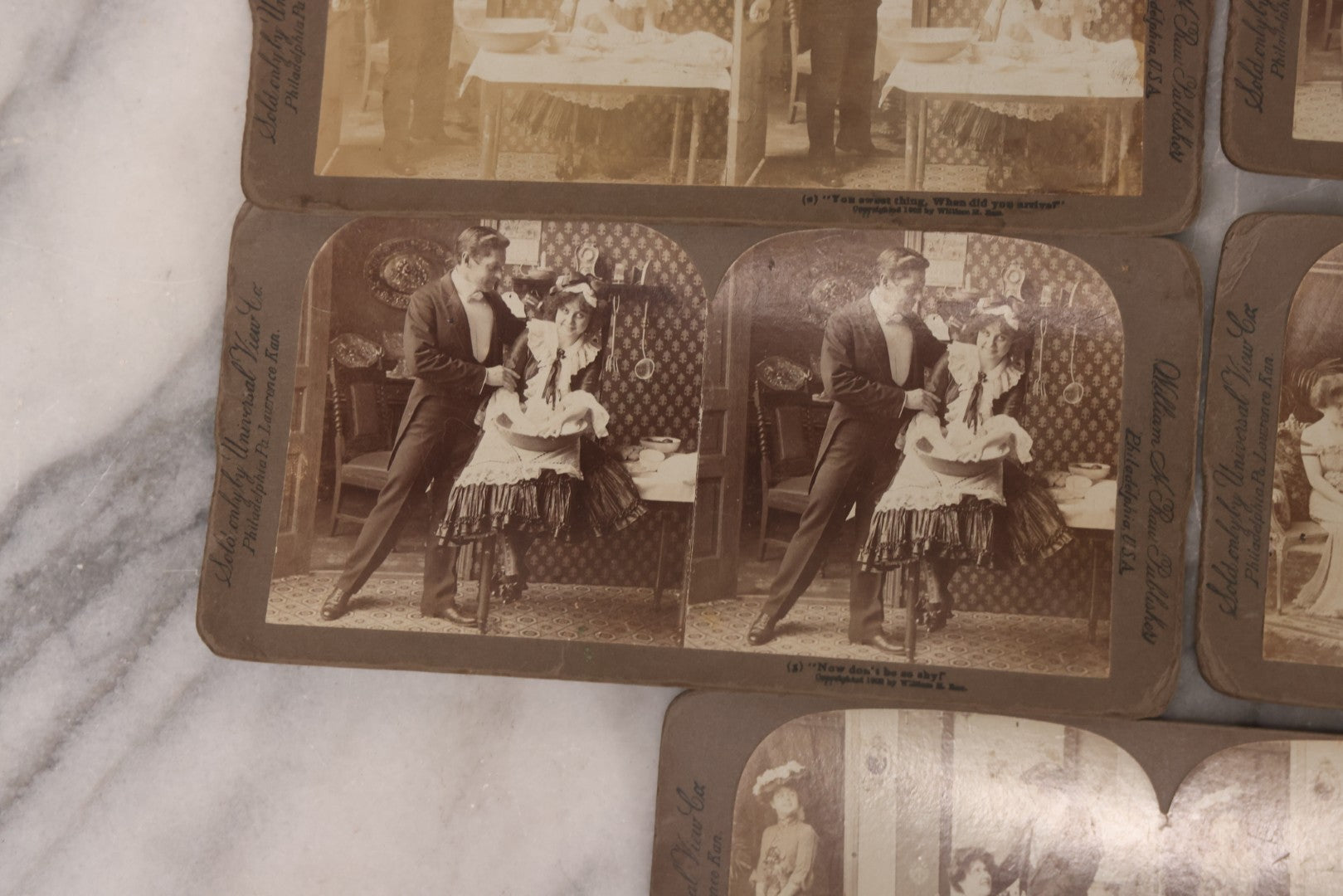 Lot 113 - Antique Grouping Of 11 Sequential Comic Photo Stereocards In Which Mr. Turtledove Is Caught Philandering With His And His Wife's New French Cook, Copyright 1902, By William H. Rau, Sold Only By Universal View Co., Philadelphia, Pennsylvania