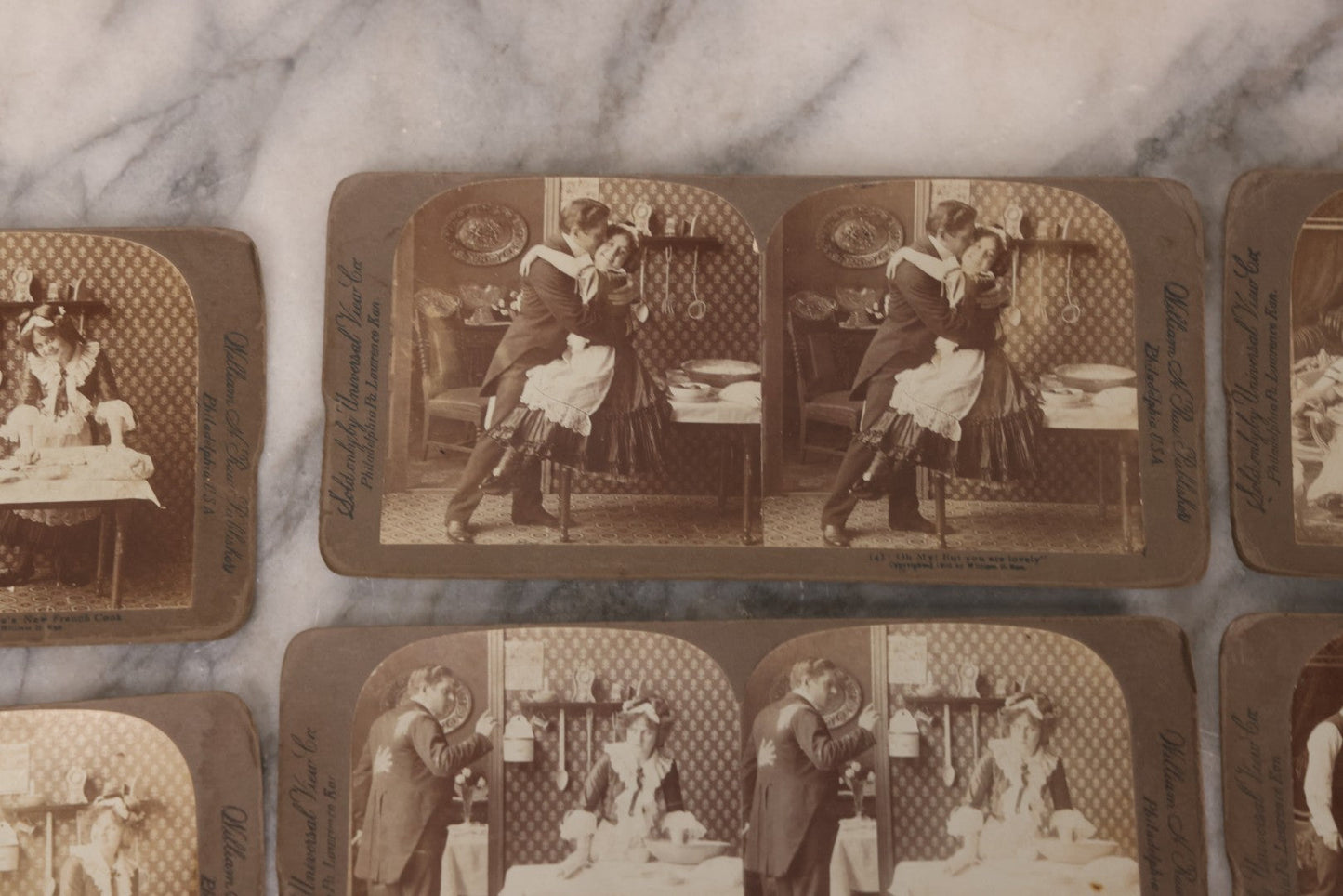 Lot 113 - Antique Grouping Of 11 Sequential Comic Photo Stereocards In Which Mr. Turtledove Is Caught Philandering With His And His Wife's New French Cook, Copyright 1902, By William H. Rau, Sold Only By Universal View Co., Philadelphia, Pennsylvania