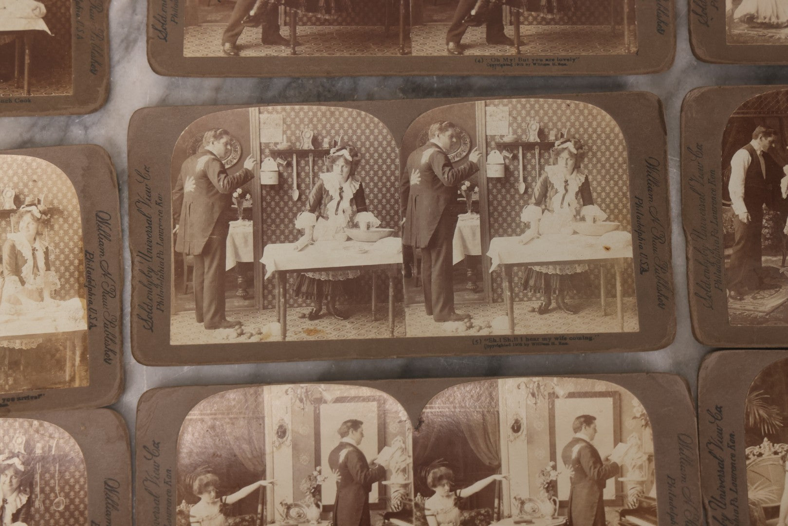 Lot 113 - Antique Grouping Of 11 Sequential Comic Photo Stereocards In Which Mr. Turtledove Is Caught Philandering With His And His Wife's New French Cook, Copyright 1902, By William H. Rau, Sold Only By Universal View Co., Philadelphia, Pennsylvania