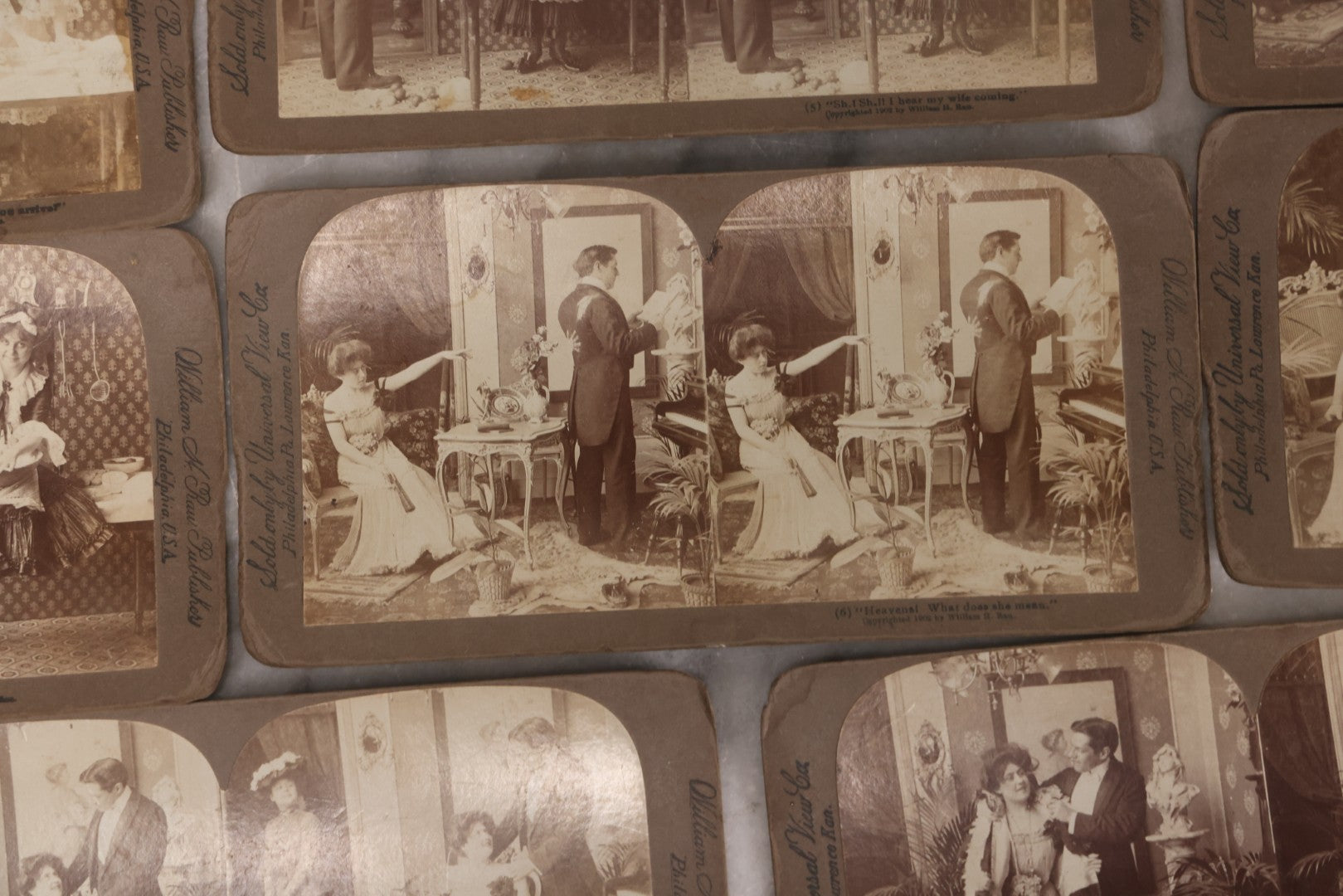 Lot 113 - Antique Grouping Of 11 Sequential Comic Photo Stereocards In Which Mr. Turtledove Is Caught Philandering With His And His Wife's New French Cook, Copyright 1902, By William H. Rau, Sold Only By Universal View Co., Philadelphia, Pennsylvania