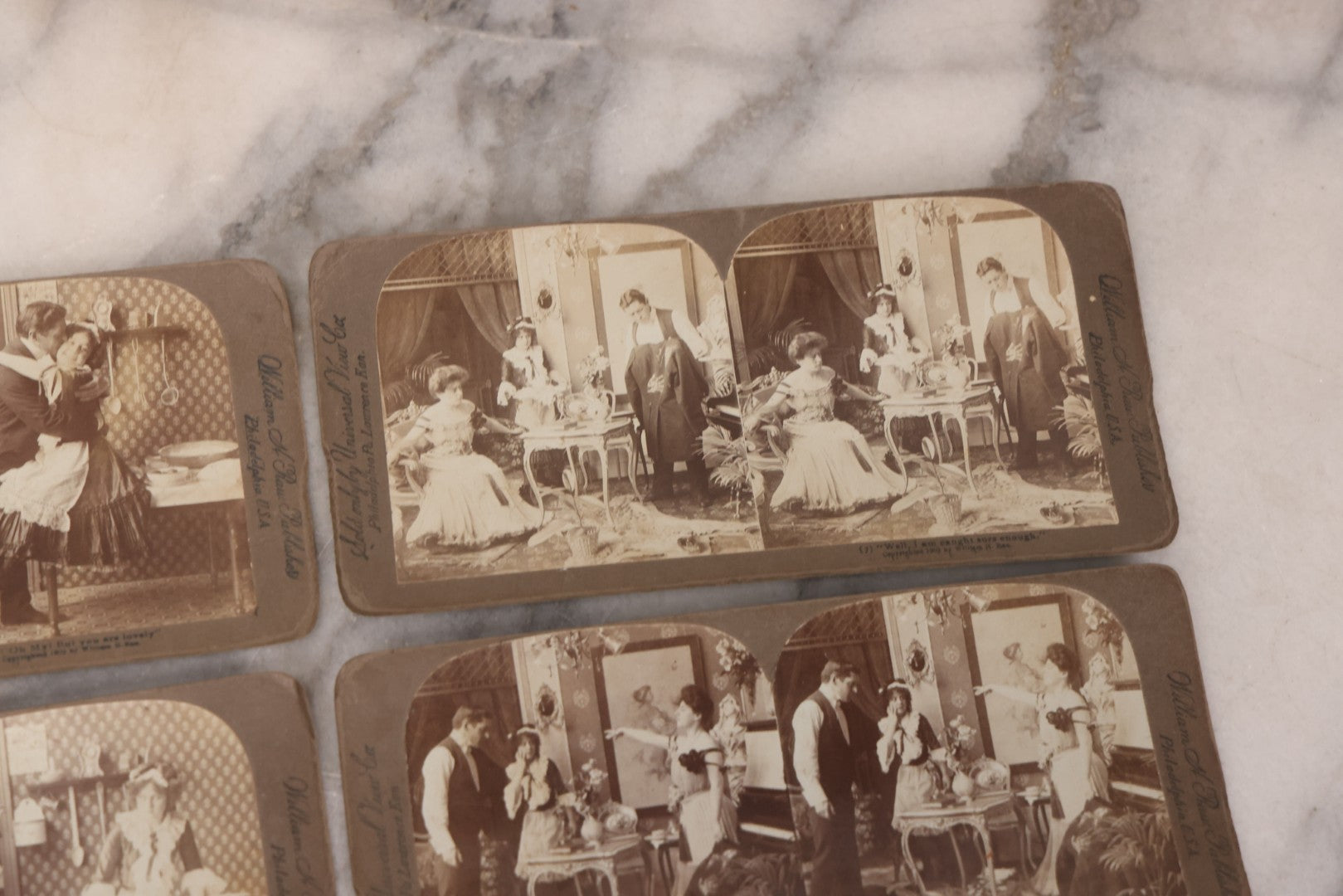Lot 113 - Antique Grouping Of 11 Sequential Comic Photo Stereocards In Which Mr. Turtledove Is Caught Philandering With His And His Wife's New French Cook, Copyright 1902, By William H. Rau, Sold Only By Universal View Co., Philadelphia, Pennsylvania
